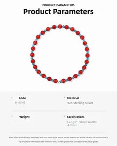 Detail of S925 sterling silver beaded bracelet with red agate and blue stones 16cm length