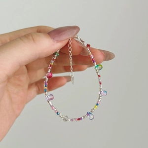 Bohemian S925 sterling silver bracelet with colorful teardrop beads and heart charm