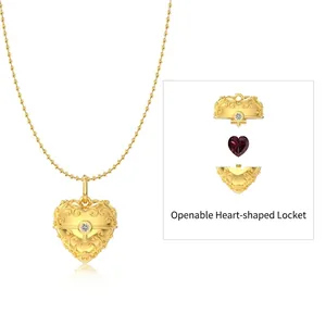 S925 sterling silver gold heart locket necklace with red stone and filigree pattern
