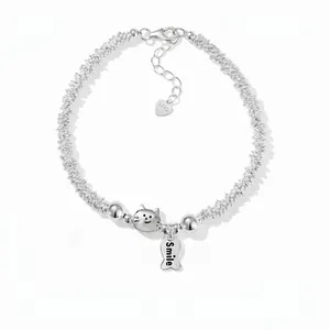 Cute 925 Sterling Silver Cat Charm Bracelet For Women Smile Fish Pendant Coil Design Adjustable Sweet Jewelry Daily Gift