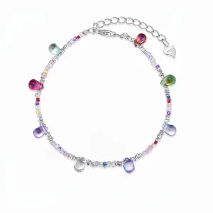 925 Sterling Silver Colorful Glass Bead Bracelet For Women Bohemian Teardrop Charm Adjustable Chain Fashion Jewelry Gift
