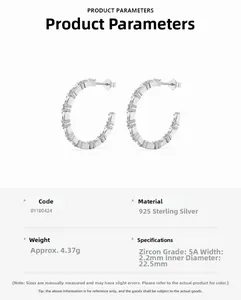 Detailed specs of S925 sterling silver C-shaped hoop earrings with 5A zircon inlay