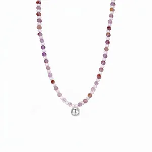 Collier Perlé en Argent Sterling S925 pour Femmes Améthyste Fantôme Mauve Naturelle Perle Artificielle Pendentif Boule Ronde Élégant Bijoux de Mode