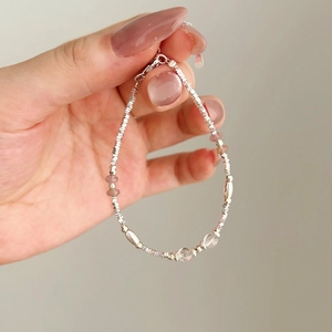 S925 sterling silver beaded bracelet with pink strawberry quartz and clear crystals