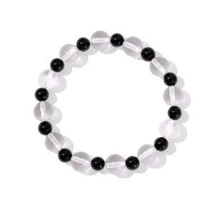 Elegant black agate and clear crystal bead bracelet for women on white background
