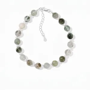 925 Sterling Silver Bracelet For Women Natural Green Rutilated Quartz Freshwater Pearl Beaded Bracelet Minimalist Hand Jewelry Gift