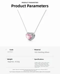 Detailed specifications of a 925 sterling silver necklace with a 3.0ct heart ice-cut zircon