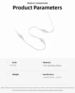 Détail du collier de perles en argent sterling S925 avec chaîne de 40 cm plus 4,5 cm