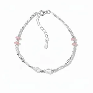 925 Sterling Silver Beaded Bracelet For Women Strawberry Quartz White Crystal Minimalist Fashion Adjustable Hand Jewelry