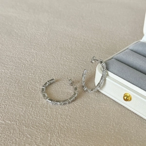Luxurious S925 silver large C-shaped hoop earrings with baguette and round zircon stones