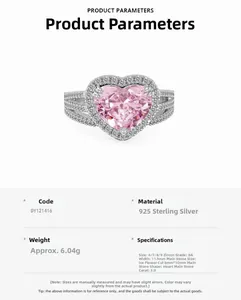 Detailed macro view of S925 silver ring featuring pink heart-shaped zirconia and fine pavé