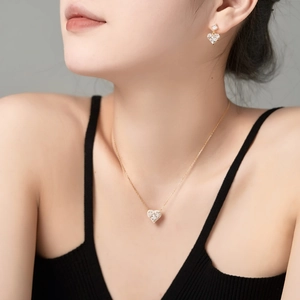 Luxurious S925 sterling silver heart jewelry set with necklace and earrings on model
