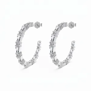 925 Sterling Silver C Shaped Hoop Earrings For Women Luxurious Zirconia Inlaid Baguette Cut Exquisite Wedding Daily Jewelry