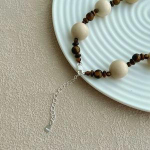 Elegant S925 sterling silver necklace with natural tiger eye stones and matte wooden beads