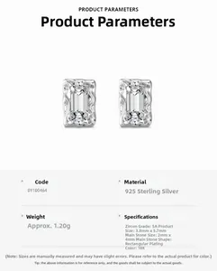 Detailed specifications of S925 sterling silver stud earrings with rectangular 5A zircon