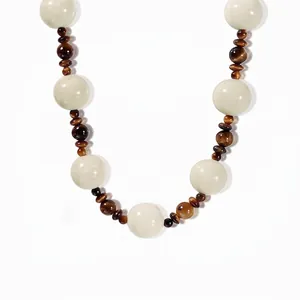 Vintage 925 Sterling Silver Tiger Eye Beaded Necklace For Women Retro Geometric Round Stone Clavicle Chain Jewelry Gift