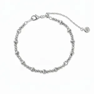 Bracelet en Perles d'Argent Sterling 925 Rétro Français pour Femmes Perles Rondes Givrées Taille Diamant Charme en Strass
