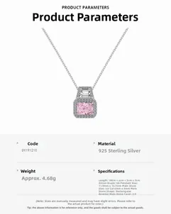 Detailed technical specifications for S925 silver necklace with 2ct pink gemstone