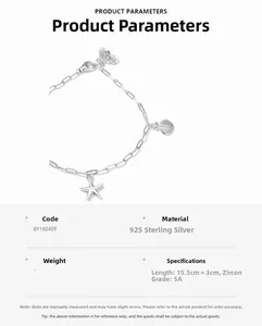 Détail du bracelet en argent S925 15,5+3cm avec pendentifs étoile de mer et coquillage