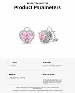 Detailed specs of S925 silver pink heart earrings with 3ct ice cut cubic zirconia stones