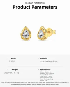 Detailed spec view of S925 sterling silver pear-cut emerald zircon stud earrings