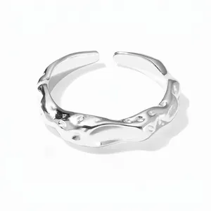 Minimalist 925 Sterling Silver Open Ring For Women Irregular Wave Design Lava Texture Adjustable Fashion Jewelry Gift