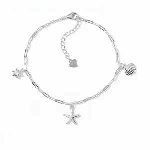 Bracelet avec Pendentif Étoile de Mer et Coquillage en Argent Sterling 925 pour Femme Chaîne Trombone Zirconia Bijoux Océan
