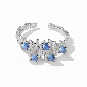 S925 Sterling Silver Glacier Aurora Blue Zirconia Open Adjustable Ring Irregular Texture Artistic Ring For Women Jewelry