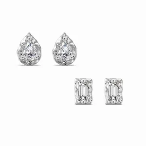 925 Sterling Silver Zirconia Stud Earrings For Women Emerald Cut Rectangular And Pear Shaped Geometric Minimalist Earrings Jewelry