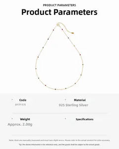 Detail of S925 sterling silver gold necklace with colorful zircon beads and specifications