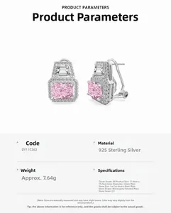 Detailed spec sheet showing pink ice-cut zircon earrings in S925 sterling silver
