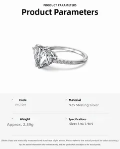 Detail of S925 silver ring featuring pear-shaped zircon and size chart from 5 to 9