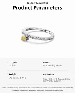 Détail de la bague en argent 925 avec zircon jaune et tableau des tailles précis