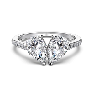 Elegant S925 sterling silver ring with double pear-shaped drop stones in a butterfly design