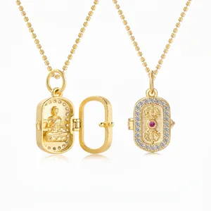 Collier Médaillon Bouddha en Argent Sterling S925 pour Femmes Pendentif Géométrique en Strass Plqué Or Vintage Bijoux