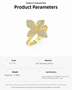 Macro view of floral 925 sterling silver ring with 14K gold plating and 5A cubic zirconia