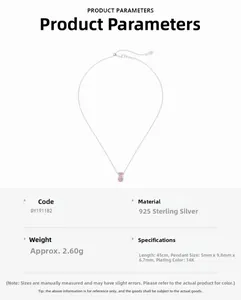 Detail of S925 silver necklace with pink rectangular zircon pendant and 14K gold plating