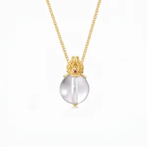 S925 Sterling Silver Natural White Crystal Pendant Necklace New Chinese Style Gold Flower Bud Clear Ball Jewelry For Women