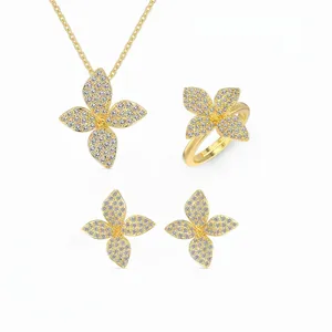925 Sterling Silver Zirconia Flower Butterfly Jewelry Set For Women Pave Setting French Style Necklace Earrings Ring Wedding Party Jewelry