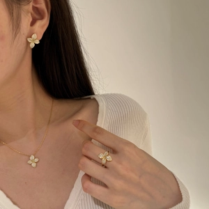 Golden S925 silver jewelry set with full pavé clover necklace, ring and earrings