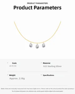 Detailed view of S925 sterling silver necklace with pear-cut zircon and weight 2.18g specs