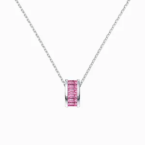 925 Sterling Silver Necklace For Women Pink Zirconia Pave Inlaid Delicate Cylindrical Pendant Elegant Clavicle Chain Jewelry