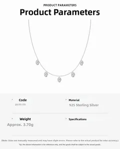 Macro shot of S925 sterling silver necklace with five oval-cut zircon pendants
