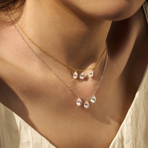 French S925 sterling silver necklace with teardrop cubic zirconia layered pendant design