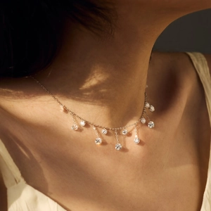 Luxurious S925 sterling silver necklace with dangling crystal pendants on model