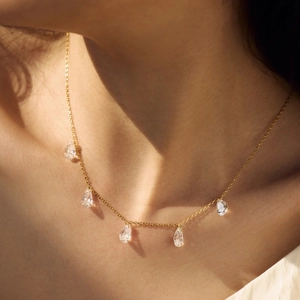 S925 sterling silver gold necklace with five sparkling teardrop crystal pendants