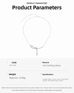 Détail du pendentif nœud en argent S925 avec zircon 5A et spécifications de la chaîne