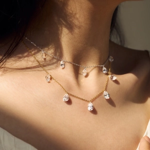 Detail of layered S925 silver necklaces with teardrop crystals on model neck