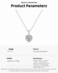 Détails du collier cœur en argent S925 avec zircone 1.0ct et spécifications du zircon 5A
