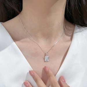 Minimalist S925 sterling silver necklace with emerald cut clear zircon pendant for women
